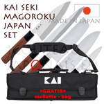 KAI SET JAPON - Set de 5 Couteaux traditionnels japonais KAI série SEKI MAGOROKU RED 100P peeler + 155D deba + 170S santoku + 165N nakiri + 210Y yabagiba + Mallette GRATUITE 
