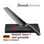 Luxueux coffret Couteau NESMUK Janus 3.0 CHEF - manche Grenadille avec bague argent massif - lame inox vide sur une face (concave) 