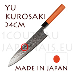 Yu Kurosaki: Couteau japonais GYUTO 24cm série MEGUMI - acier DAMAS inox VG10 61 Rockwell - manche octogonal en bois de cerisier et mitre pakka noir 